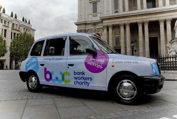2012 Ubiquitous taxi advertising campaign for Bank Workers Charity  - making Life Easier