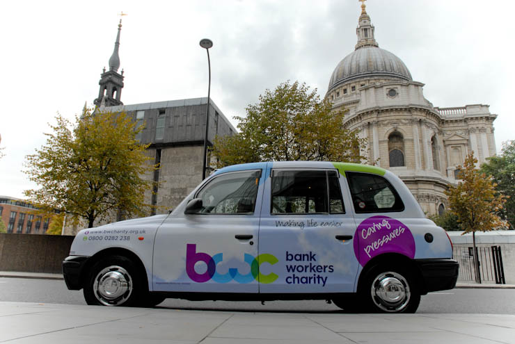 2012 Ubiquitous taxi advertising campaign for Bank Workers Charity  - making Life Easier