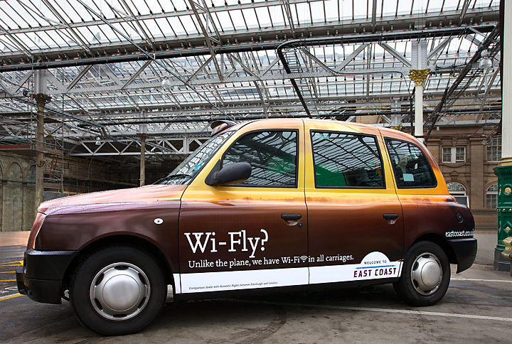 2012 Ubiquitous taxi advertising campaign for East Coast Mainline - Wi-Fly?