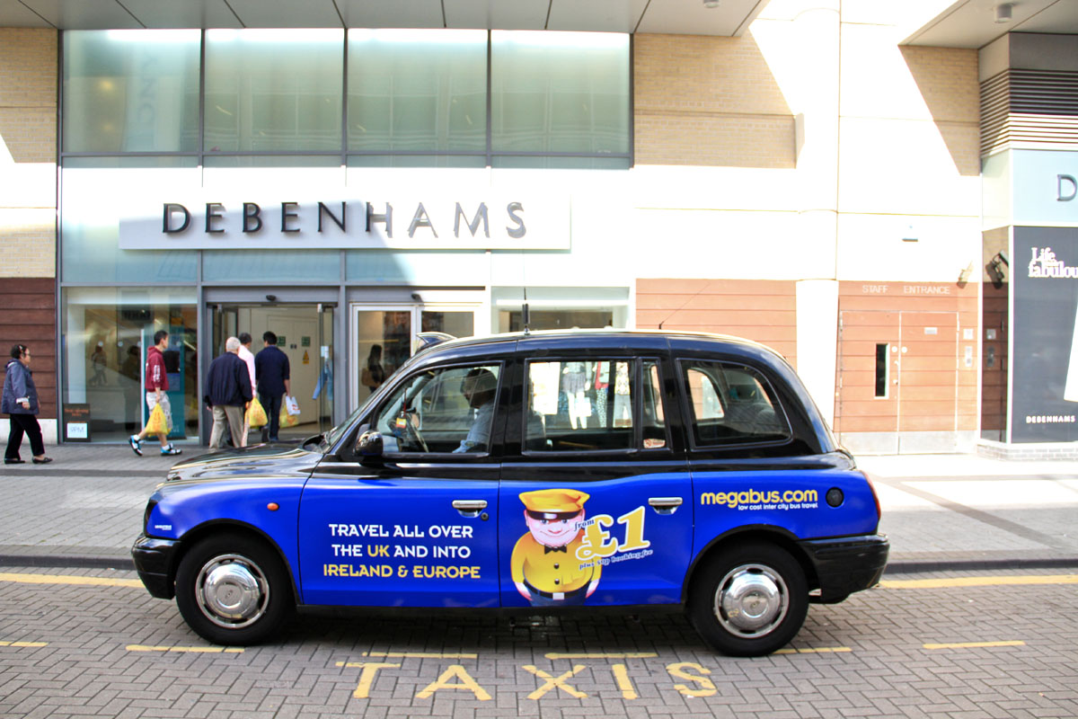 2012 Ubiquitous taxi advertising campaign for Megabus - Low cost inter city bus travel