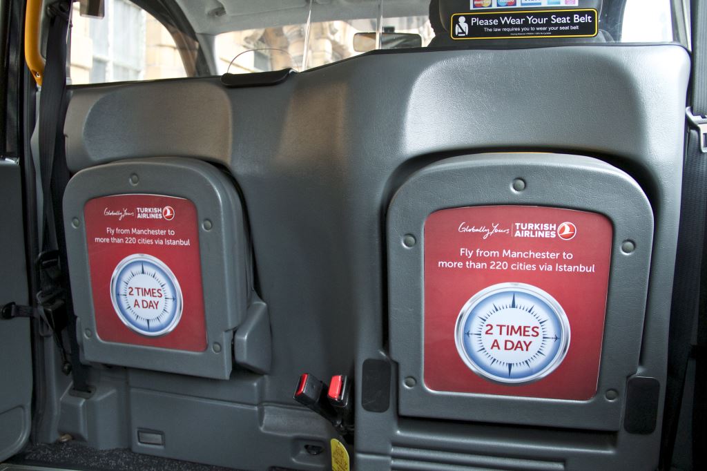 2012 Ubiquitous taxi advertising campaign for Turkish Airlines - Europe's Best Airline, Again/ Fly from Manchester To More Than 220 Cities Via Istanbul