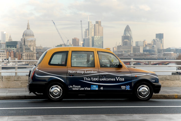 2010 Ubiquitous taxi advertising campaign for Visa - Non Stop London; This Taxi Welcomes Visa