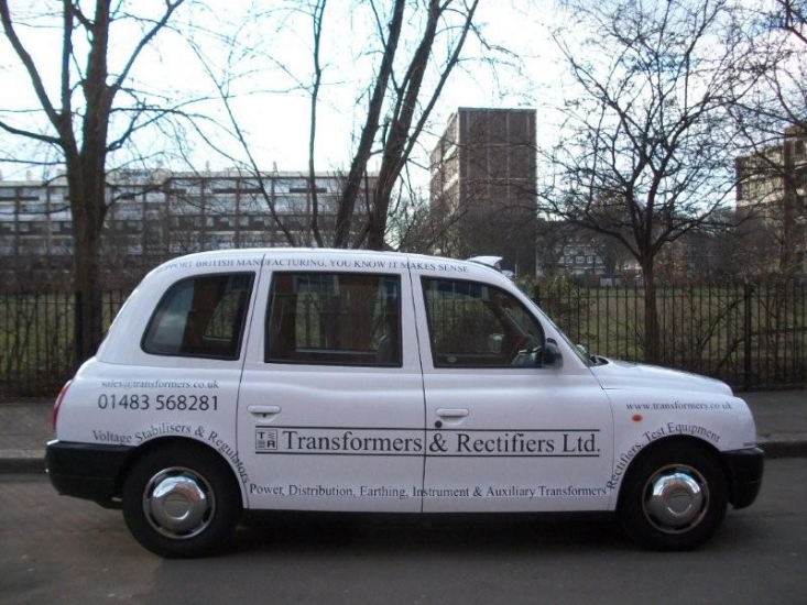 2010 Ubiquitous taxi advertising campaign for Transformers &amp; Rectifiers  - Support British manufacturing, you know it makes sense