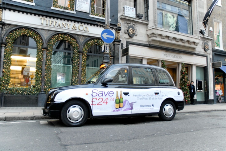 2010 Ubiquitous taxi advertising campaign for BAA - Heathrow Christmas Shopping; The West End For Less