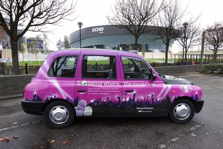 2008 Ubiquitous taxi advertising campaign for Sony Ericsson - I &quot;love&quot; To Be Where The Music&#039;s At