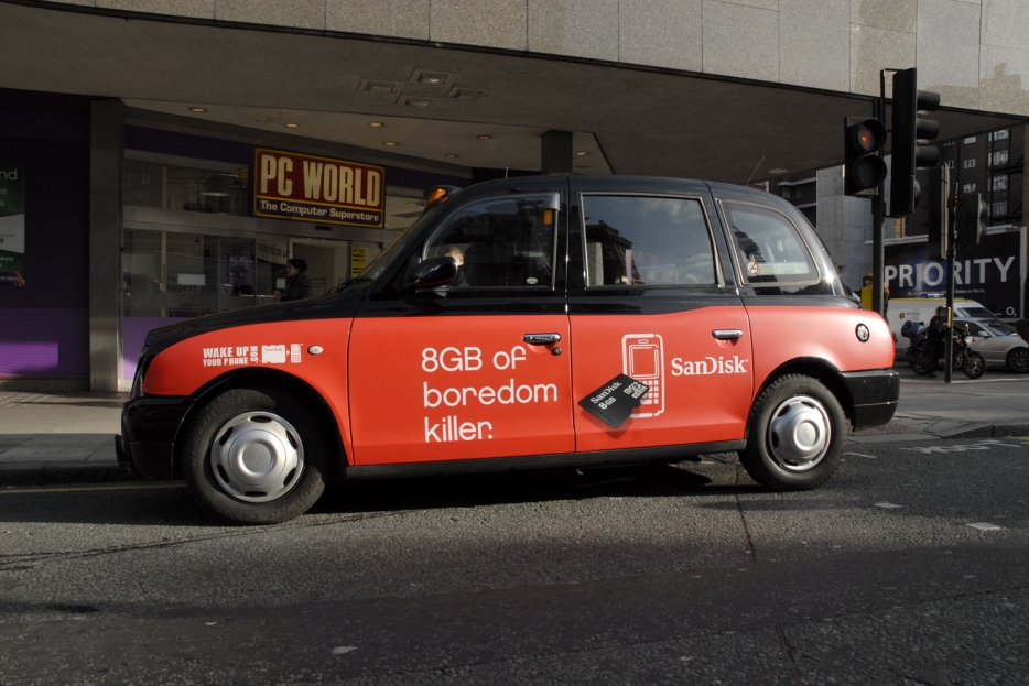 2008 Ubiquitous taxi advertising campaign for Sandisk - 8mg of boredom killer