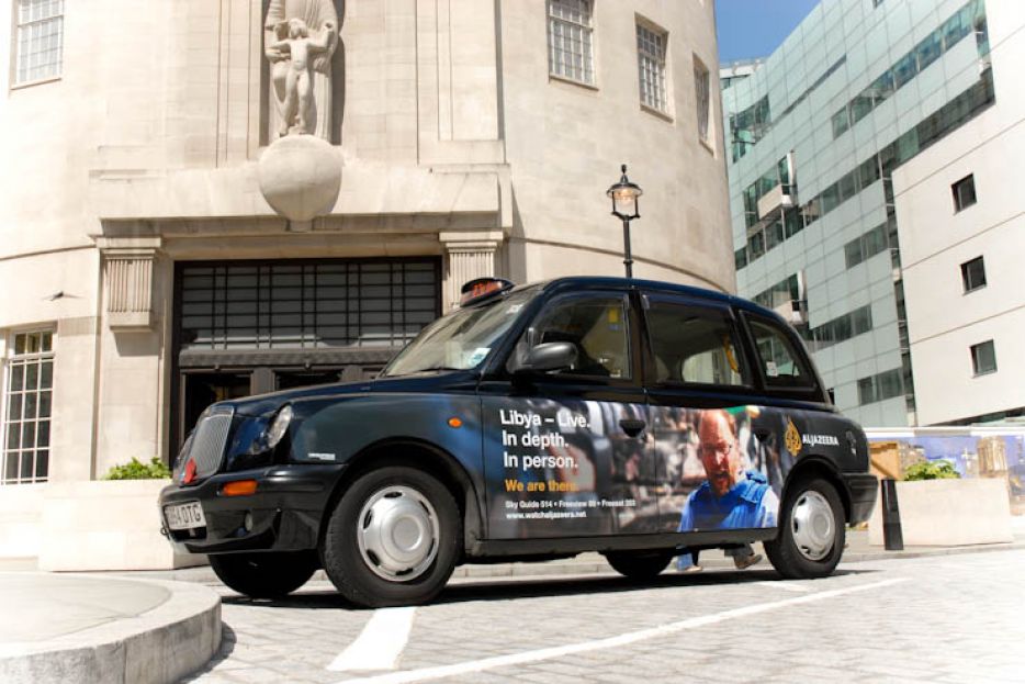 2011 Ubiquitous taxi advertising campaign for Aljazeera - Libya-Live. In Depth. In Person.
