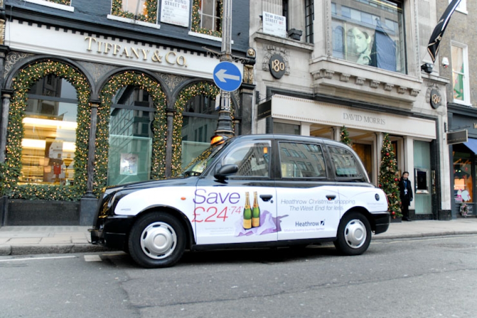 2010 Ubiquitous taxi advertising campaign for BAA - Heathrow Christmas Shopping; The West End For Less