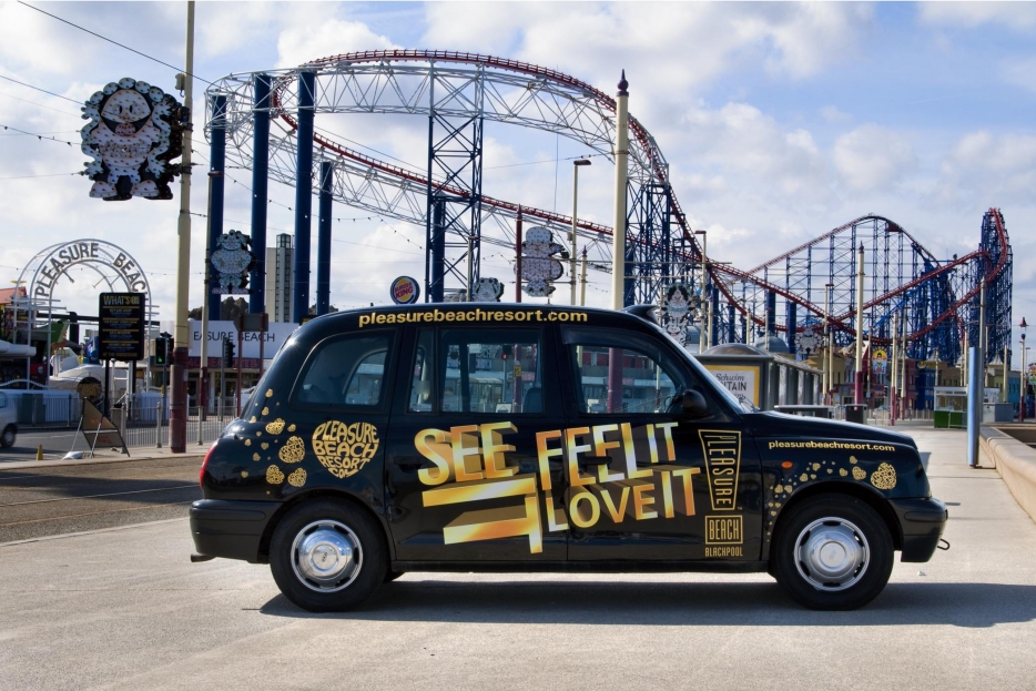 2009 Ubiquitous taxi advertising campaign for Blackpool Pleasure Beach - See It Feel It Love It
