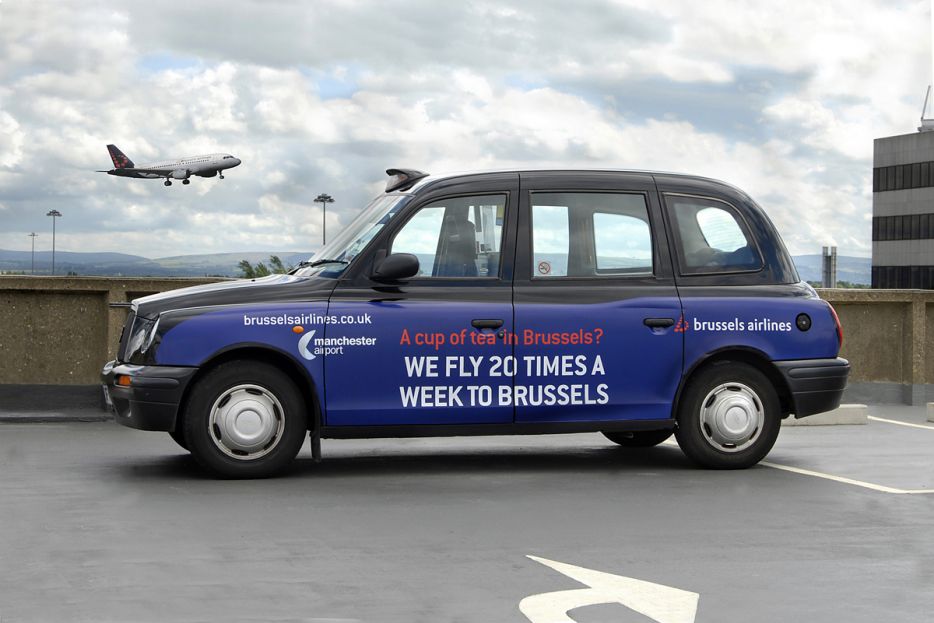 2008 Ubiquitous taxi advertising campaign for Manchester Airport - Brussels Airlines - A cup of tea in Brussels?