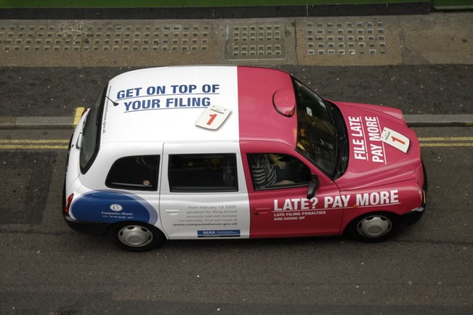 2008 Ubiquitous taxi advertising campaign for Companies House - Late? pay more