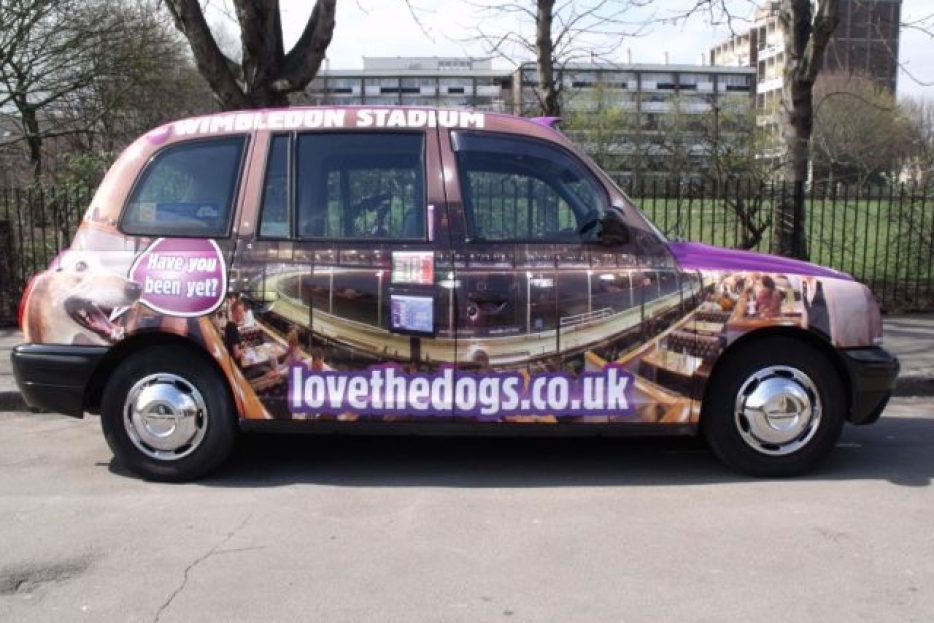 2011 Ubiquitous taxi advertising campaign for Wimbledon Greyhound Stadium - lovethedogs.co.uk