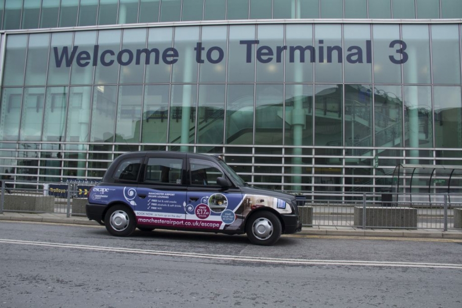 2013 Ubiquitous taxi advertising campaign for Manchester Airport - Escape lounges at Manchester Airport