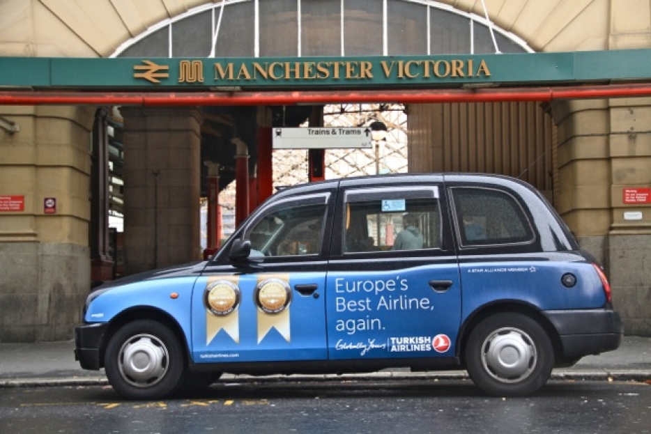 2012 Ubiquitous taxi advertising campaign for Turkish Airlines - Europe&#039;s Best Airline, Again/ Fly from Manchester To More Than 220 Cities Via Istanbul